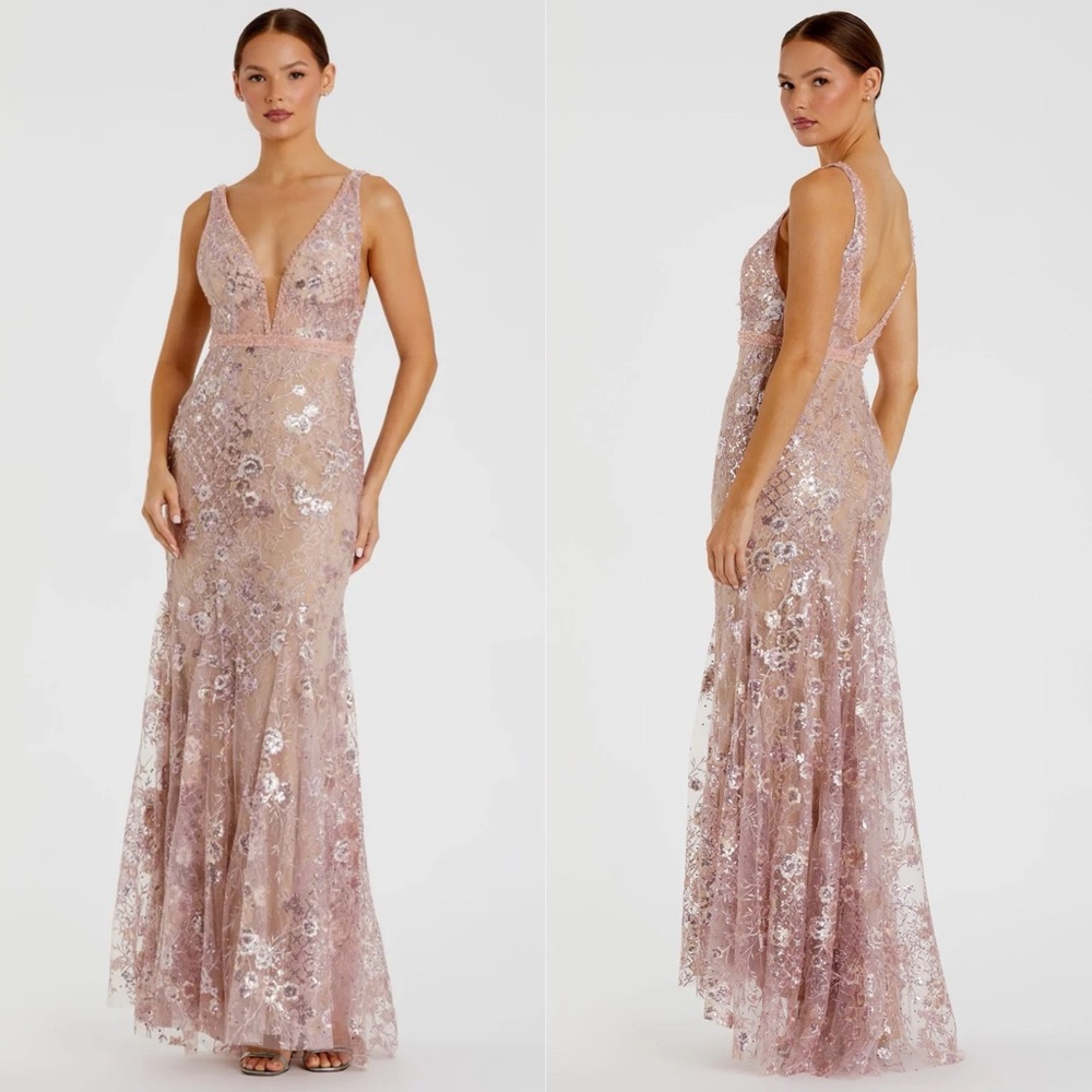 NEW NWT Mac Duggal Floral Embellished Sleeveless Plunge Neck Gown In Rose Pink